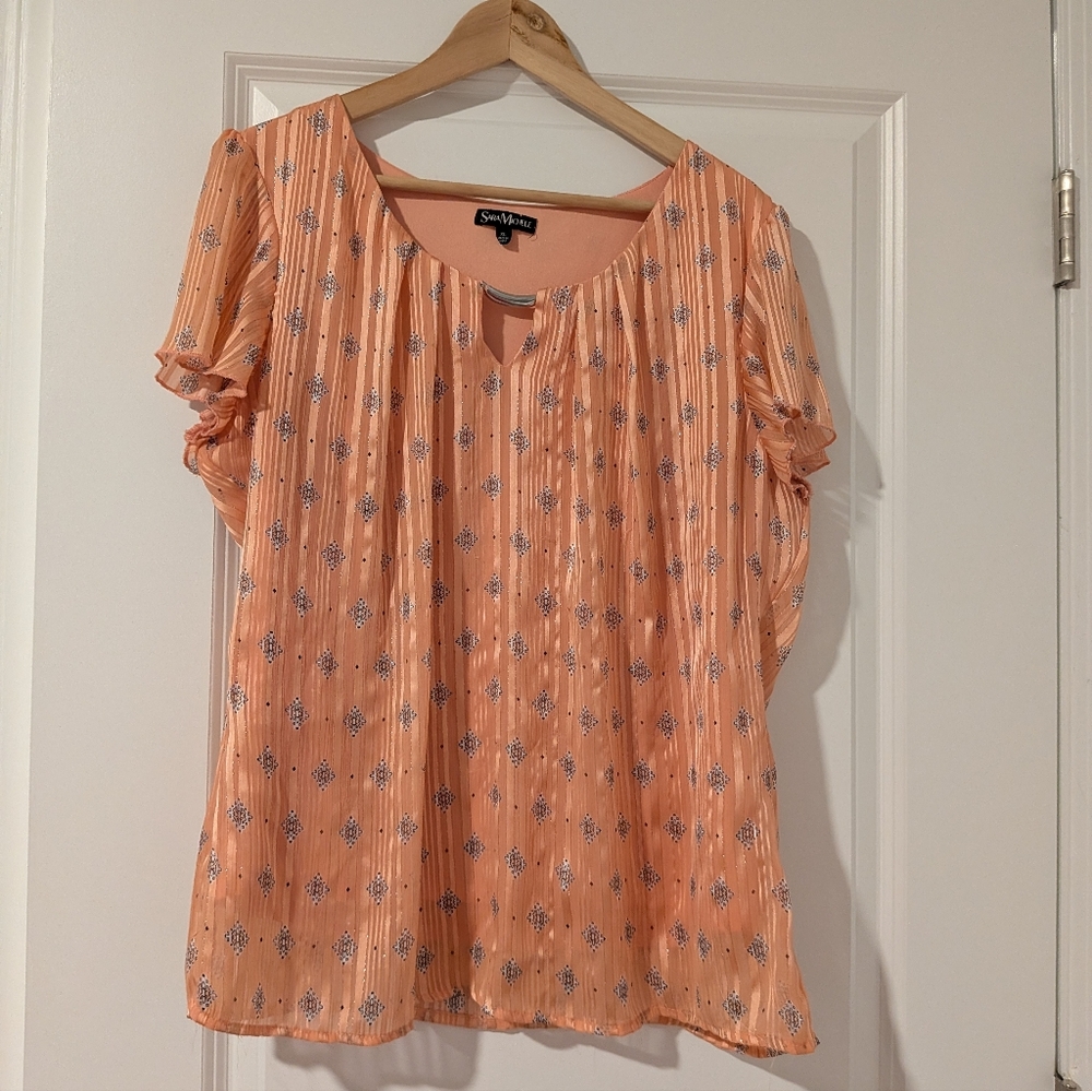 Sara Michelle Peach Floral-Print Short Sleeve Blouse Size XL